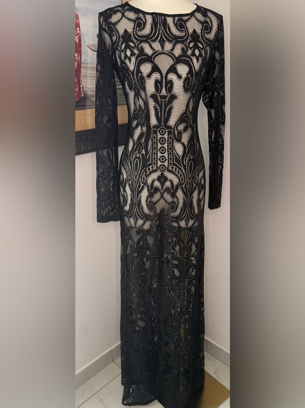 Ark & Co Black Lace Illusion Maxi Dress Long Sleeve Formal Evening Gown S